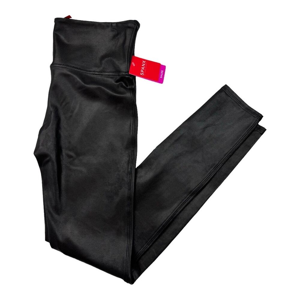 Spanx Wet Faux Leather Leggings Women's Large Black High Waist Stretchy
